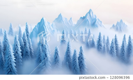 winter wonderland forest, 3D isometric scene with misty mountains and frosted pines, 128096396