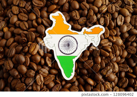 India flag on coffee beans, shopping online for export or import food product. 128096402