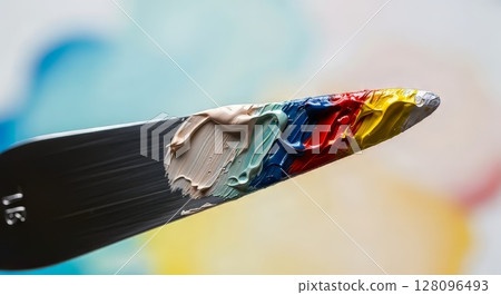 Colorful Paint Brush Tip with Vibrant Blended Acrylic or Oil Colors in Artistic Macro Close-up 128096493