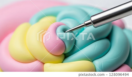 Colorful Pastel Slime with Metallic Pen Macro Photography Soft Texture Design 128096494