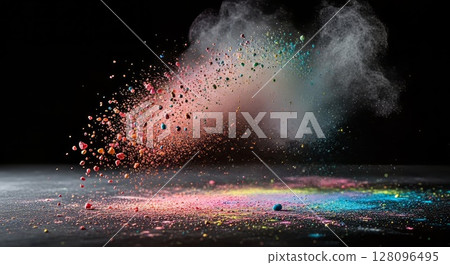 Colorful Powder Explosion Burst Dynamic Motion Freeze Photography on Black Background 128096495