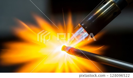High Intensity Torch Flame Welding Metal with Bright Orange Combustion Burst High Intensity Torch Flame Welding Metal with Bright Orange Combustion Burst 128096522