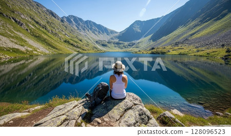 Hiker Sitting on Rock Overlooking Serene Mountain Lake with Reflective Waters	 128096523