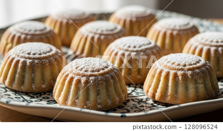 Homemade Maamoul Butter Cookies Dusted with Powdered Sugar on Decorative Plate	 128096524