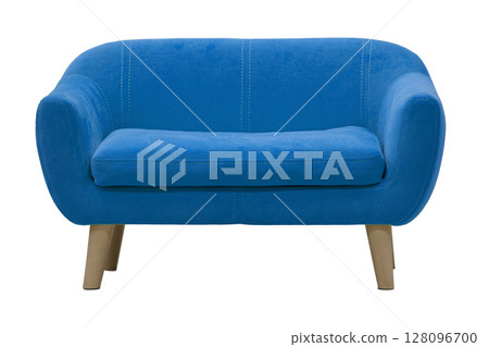 Blue sofa on wooden legs on a white background. 128096700