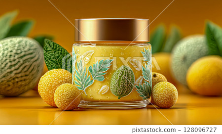 A vibrant skincare product in a transparent jar decorated with botanical illustrations, set among melons and yellow fruits on a warm orange background 128096727