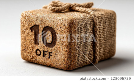 Close-up of a minimalist textured discount tag with 10% OFF text, made of natural fibers and hanging from a thick rope 128096729