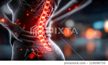 A conceptual medical illustration showing a human back with the spine highlighted in glowing red, symbolizing pain or inflammation, set against a dark, abstract background 128096730