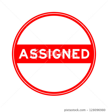 Red color round seal sticker in word assigned on white background 128096980