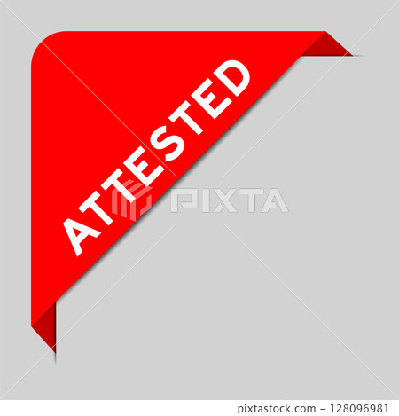 Red color of corner label banner with word attested on gray background 128096981