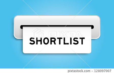 White coupon banner with word shortlist from machine on blue color background White coupon banner with word shortlist from machine on blue color background 128097007