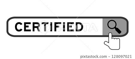 Search banner in word certified with hand over magnifier icon on white background 128097021