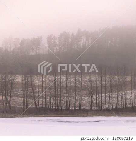 Countryside view frosty hilly fields with trees Countryside view frosty hilly fields with trees 128097219