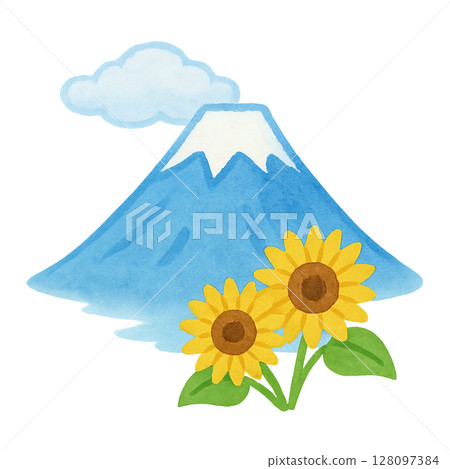 Mt. Fuji and sunflowers in summer 128097384