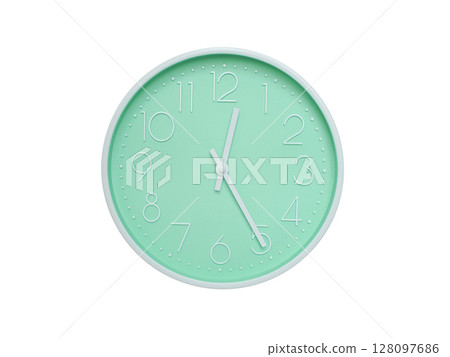 Modern mint green wall clock with white frame and numbers, showing 12:25 PM or 12:25. Ideal for minimalist designs, time-related content, or morning routine visuals. 128097686