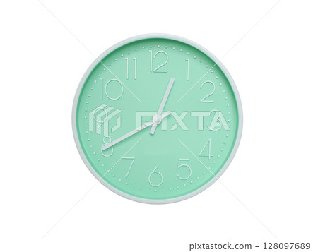 Modern mint green wall clock with white frame and numbers, showing 12:40 PM or 12:40. Ideal for minimalist designs, time-related content, or morning routine visuals. Modern mint green wall clock with white frame and numbers, showing 12:40 PM or 12:40. Ideal for minimalist designs, time-related content, or morning routine visuals. 128097689