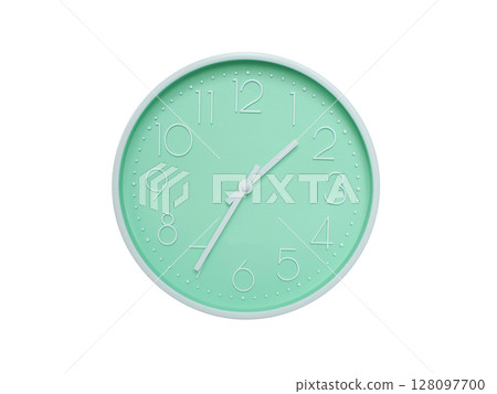 Modern mint green wall clock with white frame and numbers, showing 01:35 AM or 01:35. Ideal for minimalist designs, time-related content, or morning routine visuals. 128097700