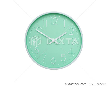 Modern mint green wall clock with white frame and numbers, showing 01:50 AM or 01:50. Ideal for minimalist designs, time-related content, or morning routine visuals. 128097703