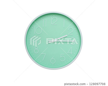 Modern mint green wall clock with white frame and numbers, showing 02:15 AM or 02:15. Ideal for minimalist designs, time-related content, or morning routine visuals. Modern mint green wall clock with white frame and numbers, showing 02:15 AM or 02:15. Ideal for minimalist designs, time-related content, or morning routine visuals. 128097708
