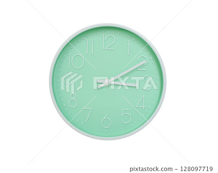 Modern mint green wall clock with white frame and numbers, showing 03:10 AM or 03:10. Ideal for minimalist designs, time-related content, or morning routine visuals. 128097719