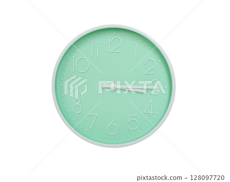 Modern mint green wall clock with white frame and numbers, showing 03:15 AM or 03:15. Ideal for minimalist designs, time-related content, or morning routine visuals. 128097720