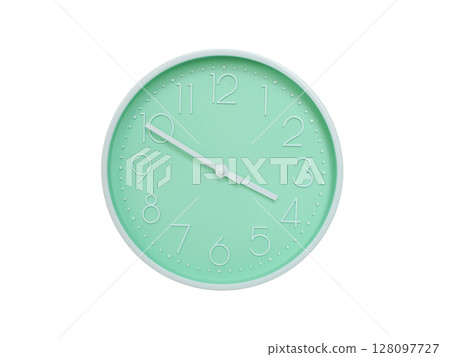Modern mint green wall clock with white frame and numbers, showing 03:50 AM or 03:50. Ideal for minimalist designs, time-related content, or morning routine visuals. Modern mint green wall clock with white frame and numbers, showing 03:50 AM or 03:50. Ideal for minimalist designs, time-related content, or morning routine visuals. 128097727