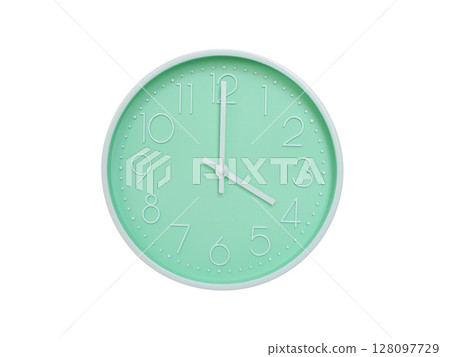 Modern mint green wall clock with white frame and numbers, showing 04:00 AM or 04:00. Ideal for minimalist designs, time-related content, or morning routine visuals. Modern mint green wall clock with white frame and numbers, showing 04:00 AM or 04:00. Ideal for minimalist designs, time-related content, or morning routine visuals. 128097729