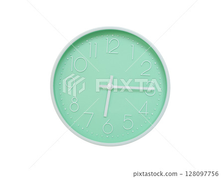 Modern mint green wall clock with white frame and numbers, showing 06:15 AM or 06:15. Ideal for minimalist designs, time-related content, or morning routine visuals. 128097756