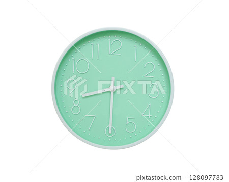 Modern mint green wall clock with white frame and numbers, showing 08:30 AM or 08:30. Ideal for minimalist designs, time-related content, or morning routine visuals. Modern mint green wall clock with white frame and numbers, showing 08:30 AM or 08:30. Ideal for minimalist designs, time-related content, or morning routine visuals. 128097783