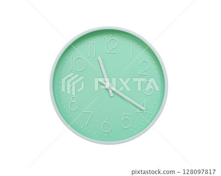 Modern mint green wall clock with white frame and numbers, showing 11:20 AM or 11:20. Ideal for minimalist designs, time-related content, or morning routine visuals. 128097817