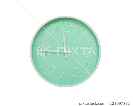 Modern mint green wall clock with white frame and numbers, showing 11:45 AM or 11:45. Ideal for minimalist designs, time-related content, or morning routine visuals. 128097822