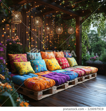 Boho style interior with vibrant pallet sofa adorned with colorful cushions, surrounded by lush greenery and charming lights creating a warm atmosphere 128097919