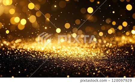 Golden bokeh and glitter create a festive, abstract background of shimmering lights, perfect for a bright holiday celebration Golden bokeh and glitter create a festive, abstract background of shimmering lights, perfect for a bright holiday celebration 128097929