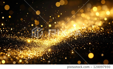 Golden bokeh and glitter create a festive, abstract background of shimmering lights, perfect for a bright holiday celebration 128097930