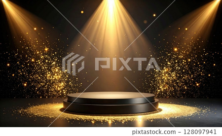 Vibrant fountain illuminated by bright spotlights creating a starry night celebration show of colorful light rays, perfect for a disco party or theater design 128097941