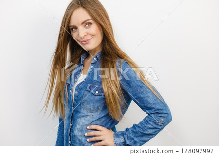 Smiling lady with nice shirt. 128097992