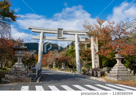 日吉大社的鳥居和鮮豔的秋葉。滋賀縣大津坂本市 128098094