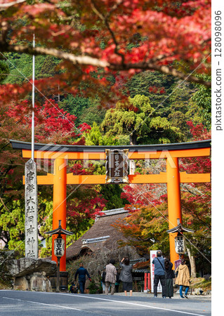 The red torii gate at the entrance to Hiyoshi Taisha Shrine and worshippers walking among the autumn leaves. Sakamoto, Otsu City, Shiga Prefecture 128098096