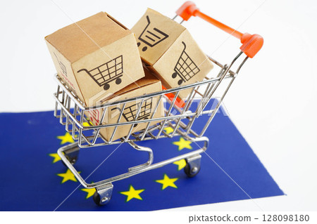 Online shopping, Shopping cart box on EU European Union flag, import export, finance commerce. 128098180