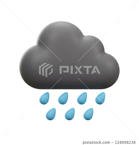 Gray Cloud Raining Blue Droplets Weather Icon Realistic 3D Render 128098236