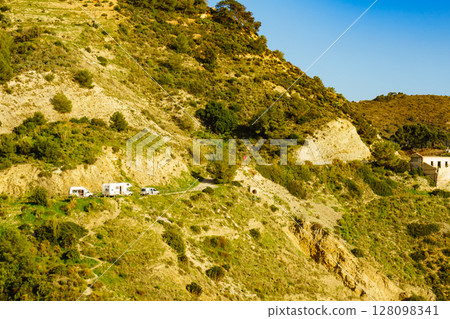 Caravans camping on cliff, coast in Spain 128098341