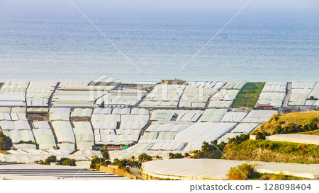 Plastic greenhouses on coast, Spain 128098404