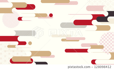 16:9 Japanese modern background material: illustrations of traditional Japanese patterns and hazy landscapes 128098412