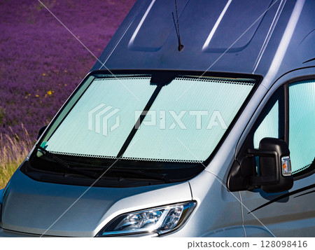 Motorhome with thermal screen blind Motorhome with thermal screen blind 128098416