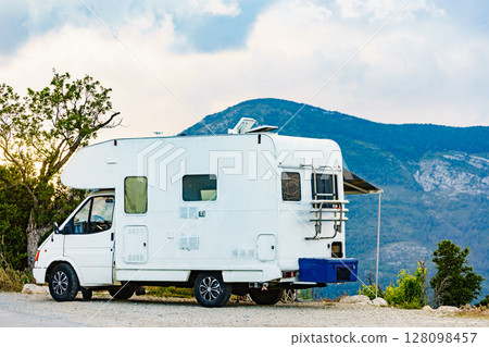 Rv camper in mountains, Verdon Gorge France. Rv camper in mountains, Verdon Gorge France. 128098457
