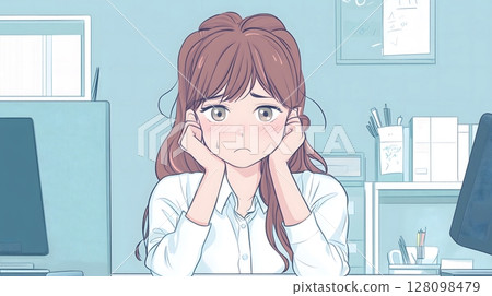 Stressed Young Asian Office Worker Looking Tired at Desk in White Shirt 128098479
