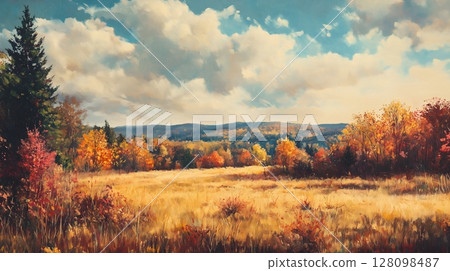 Vibrant Autumn Landscape with Golden Meadow and Colorful Foliage in Mountain Valley 128098487
