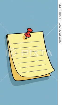 Yellow Sticky Note with Red Pushpin on Blue Background Minimalist Office Supply Graphic 128098494
