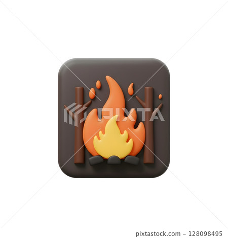 3D Campfire Icon with Burning Flames Between Tree Branches on Dark Background 128098495