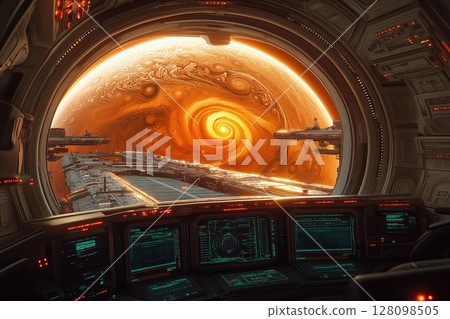 Civilian Cruiser Approaches Jupiter Gateway With Swirling Giant Planet Behind Glass Civilian Cruiser Approaches Jupiter Gateway With Swirling Giant Planet Behind Glass 128098505